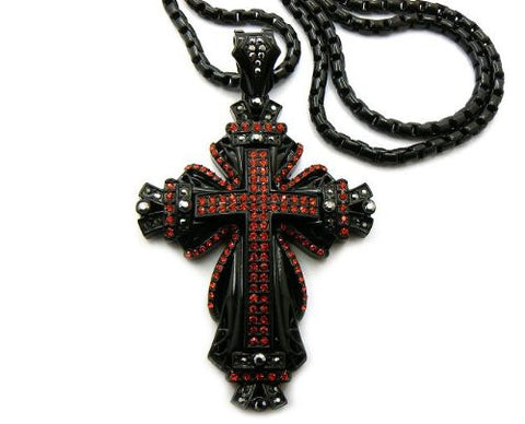 Black/Red Tone Medieval Style Cross Pendant Necklace w/ 36" Franco Chain
