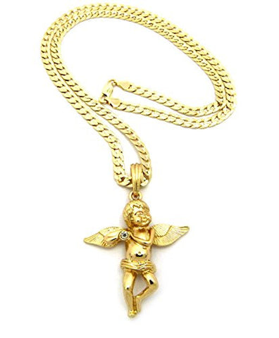 Solitaire Angel Pendant 5mm 24" Diamond-Cut Cuban Link Chain Necklace in Gold-Tone