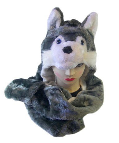 Plush Wolf Animal Hat - Wolf Hat with Ear Flaps and Hand Pockets