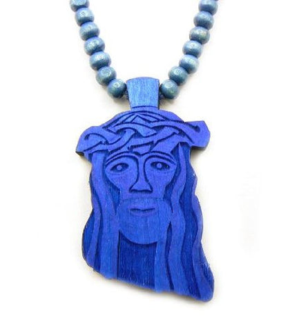Jesus Piece w/ 6mm 30" Wooden Bead Chain in Blue WJ7BL
