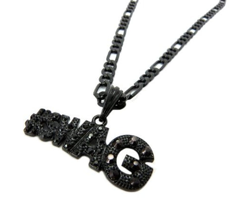 Iced Out #SWAG Micro Pendant w/ 24" Figaro Chain in Jet Black Tone MSP281BP