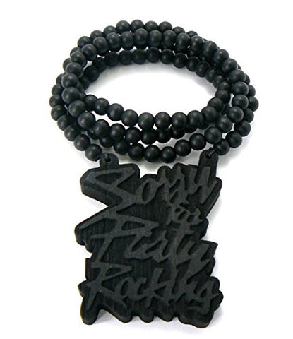 Sorry for Party Rocking Wood Pendant 36" Wooden Bead Chain Necklace in Black-Tone WJ150BK