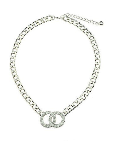 Silver-Tone Rhinestone Studded Interlocking Circle Pendant 9mm 16" Link Chain Necklace