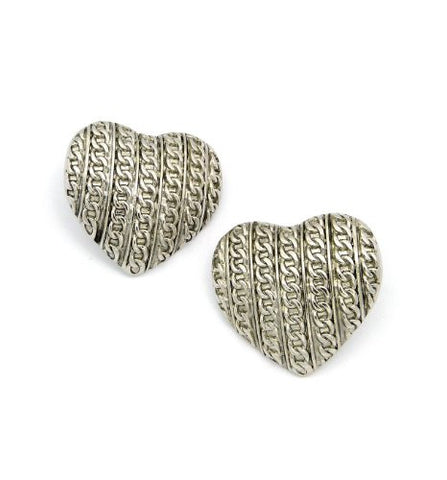 Carved Antique Chain Pattern Heart Earrings in Silver-Tone
