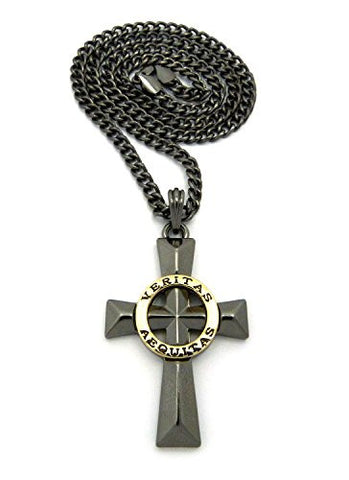 Polished Gold-Tone Veritas Aequitas Pendant 5mm 24" Cuban Chain Necklace in Hematite-Tone