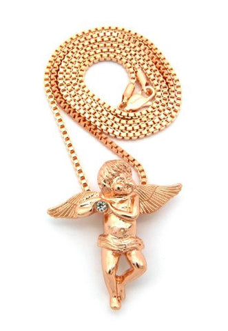 Baby Angel Cherub Studded Micro Pendant w/ Box Chain - Rose Gold Tone