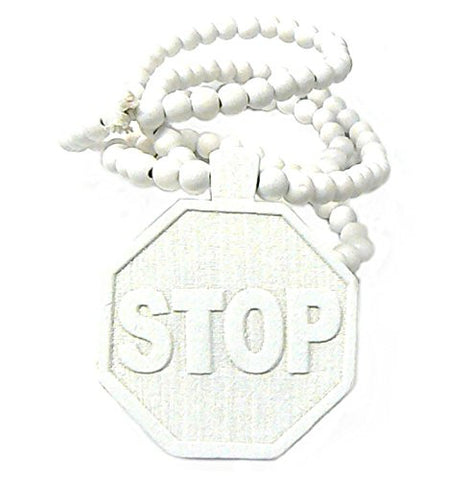STOP Sign Wood Pendant 8mm 36" Wooden Bead Chain Necklace in White