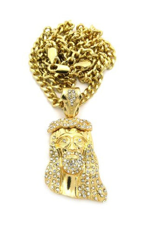 Pave Jesus Mini Pendant w/ 5mm 24" Cuban Link Chain in Gold Tone XZ15GCC