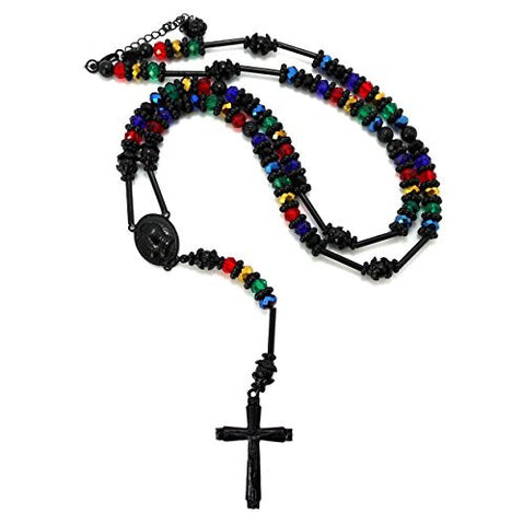 Praying Hands Crucifix Cross Pendant 39" Stained Glass Bead Rosary Necklace - Black/Multi HR200BKMT