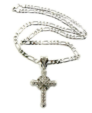 Silver Tone Gothic Style Cross Pendant 5mm 24" Figaro Chain Necklace