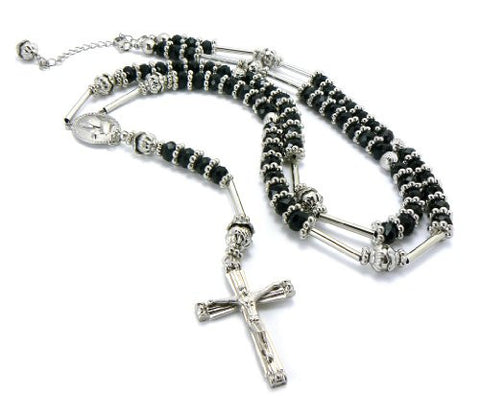 Silver Tone Praying Hands Jesus Cross 39" Black Glass Beads Rosary Necklace