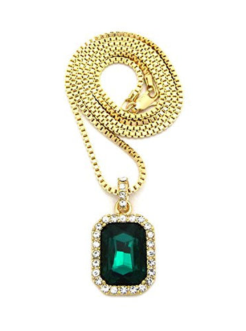 Rectangular Faux Emerald Stone Pendant w/ 2mm 24" Box Chain Necklace in Gold-Tone
