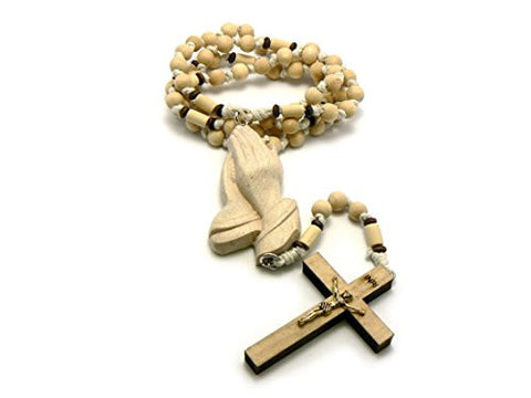 3D Praying Hands and Crucifix Cross Pendant Wood Rosary Necklace