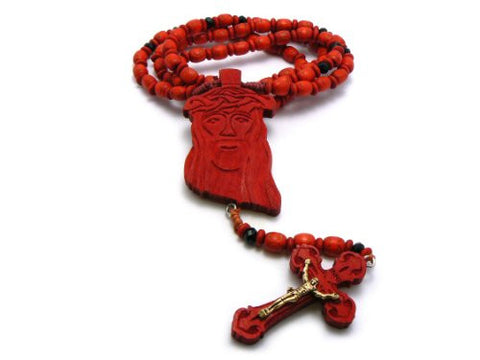 Jesus Face and Crucifix Cross Pendant Wood Rosary Necklace in Red/Gold-Tone