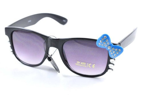 Womens Retro Kitty Color Lens Glasses w/ Rhinestone Blue Bow and Whiskers Black