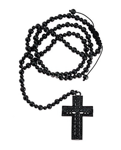 Black Rhinestone Studded 3D Cross Pendant 8mm 36" Glass Bead Chain Necklace