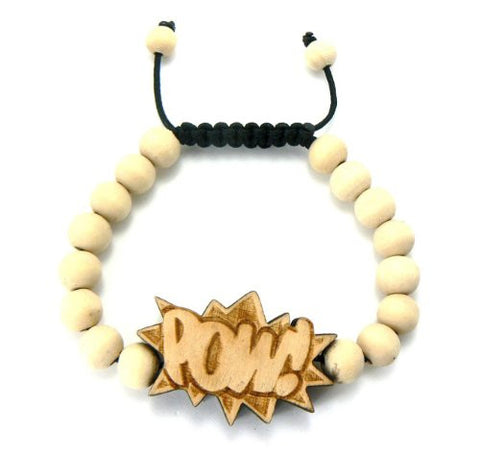 POW! Wooden Pendant Wood Bead Chain Bracelet in Natural-Tone WB8NL