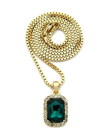 Pave Faux Emerald Stone Pendant w/ 2mm 24" Box Chain Necklace in Gold-Tone