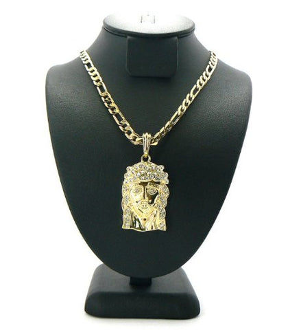 Gold Tone Good Jesus Pendant w/ 5mm 24" Figaro Chain MSP016G