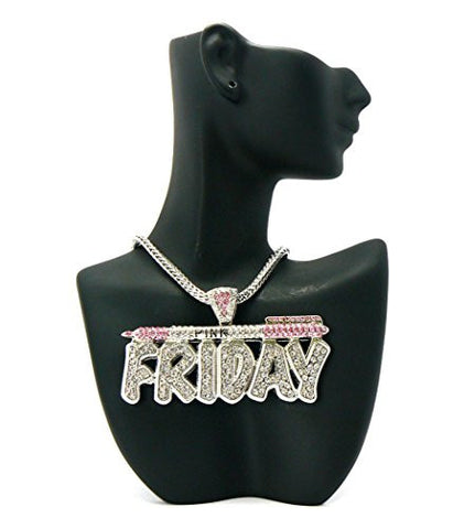 Celebrity Look Pink Friday Pendant 4mm 18" Franco Chain Necklace in Pink/Silver-Tone