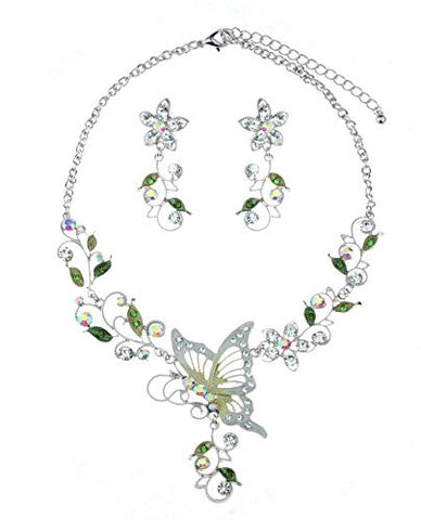 Floral Vine Design w/ Butterfly Pendant Casting Necklace & Earrings Jewelry Set in Silver-Tone