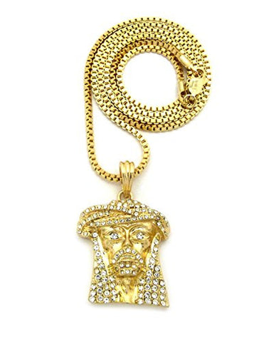 Stone Studded Jesus Face Pendant w/ 2mm 24" Box Chain Necklace in Gold-Tone