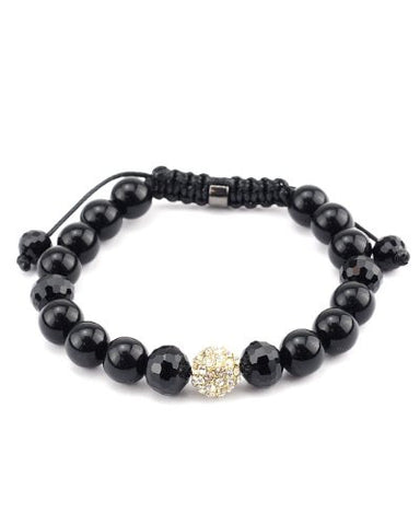 Gold Tone Encrusted Ball Faux Onyx & Crystal Bead Adjustable Bracelet SB1334