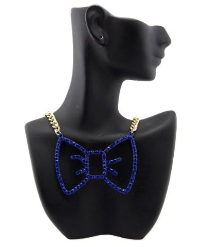 Blue Rhinestone Ribbon Bow Pendant  Chain Necklace