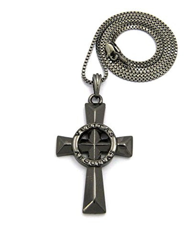 Veritas Aequitas Truth & Justice Cross Pendant 2mm 30" Box Chain Necklace in Hematite-Tone