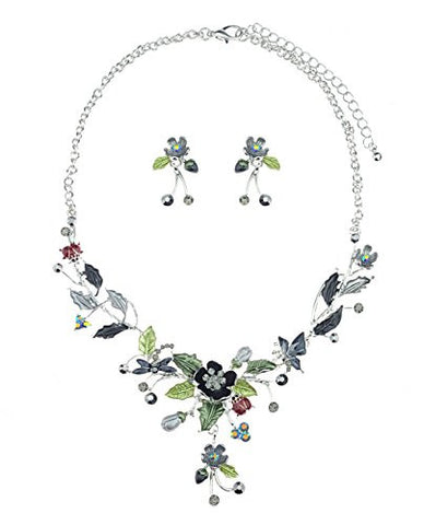 Floral Branch Design w/ Lady Bug & Dragonfly Accent Necklace and Earrings Jewelry Set in Silver-Tone