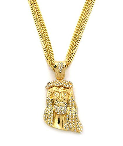New Pave Jesus Pendant with 3 Assorted 30" Chains (Rope/Box/Cuban) in Gold-Tone