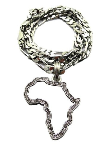 Pave Edge Africa Micro Mirror Pendant with 24" Figaro Chain Necklace - Silver-Tone MSP337R