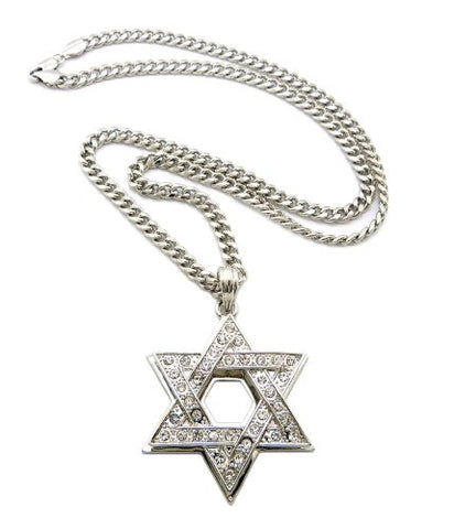 Rhinestone Star of David Pendant 5mm 24" Cuban Link Chain Necklace in Silver-Tone