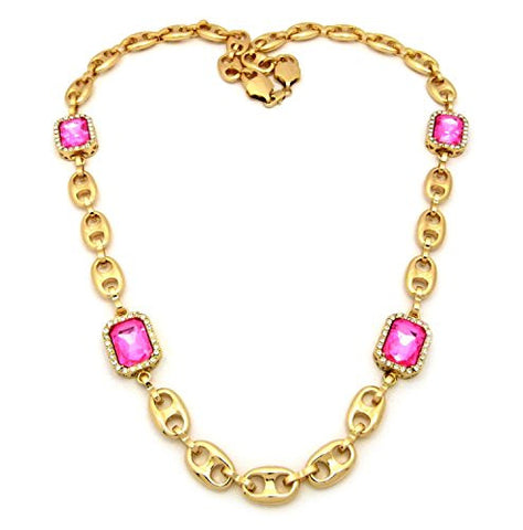 Pave Pink Stone Pendant 12mm 34" Mariner Chain Necklace in Gold-Tone
