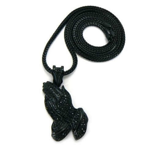 Iced Out Jet Black Praying Hands Pendant w/ 4mm 36" Franco Chain MP404BP