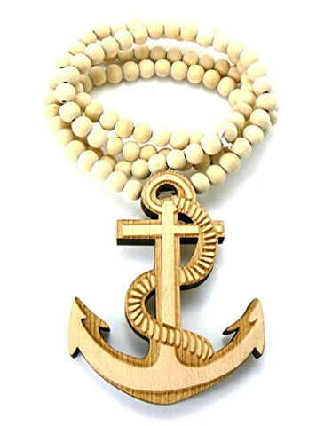Wood Rope Anchor Pendant 36" Wooden Bead Chain Necklace in Natural-Tone WJ153NL
