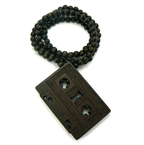 Vintage Cassette Tape Wood Pendant 36" Wooden Bead Chain Necklace in Brown-Tone WX25BRN