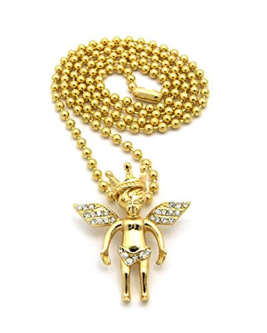 Pave Crown Angel Micro Pendant 3mm 27" Ball Chain Necklace in Gold-Tone