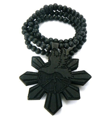 Peace Dove Bird Wood Pendant 36" Wooden Bead Chain Necklace in Black-Tone WJ122BK