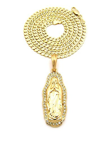 Stone Stud Virgin Mary Pendant 4mm 24" Concave Diamond Cut Cuban Chain Necklace in Gold-Tone