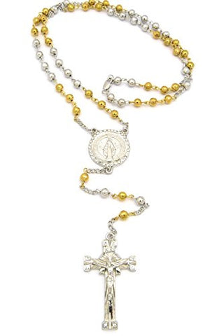 Pave Round St. Mary and Crucifix Jesus Cross Pendant 36" Rosary Bead Necklace - Two Tone