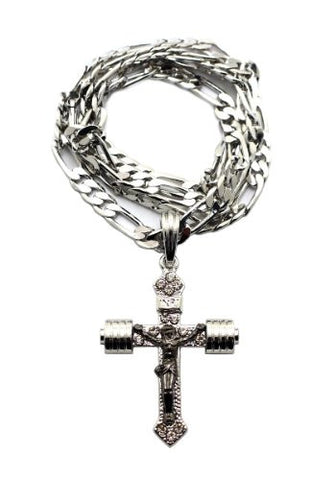 Silver Tone Crucifixion Cross 5mm 24" Figaro Chain Necklace MSP331R
