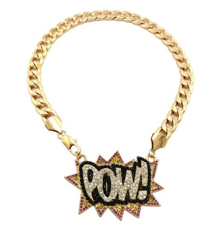 Rhinestone Pow! Pendant 12mm 16" Link Chain Necklace in Gold-Tone