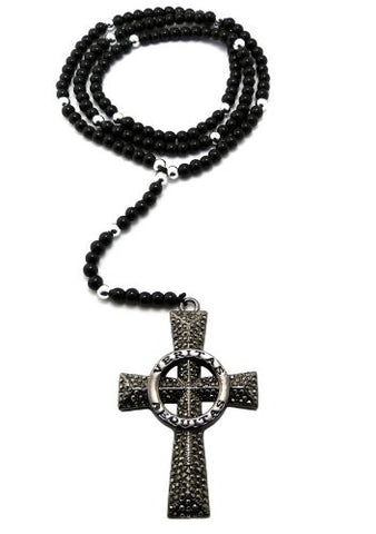 Paved Veritas Aequitas Cross 6mm 38" Glass Bead Rosary Chain Necklace - Jet/Hematite-Tone