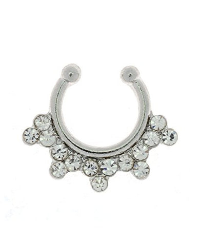 Stone Stud Crown Shape Non-Pierced Septum Hanger Nose Hoop Ring in Silver-Tone