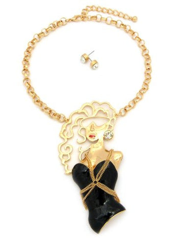 Glam Girl Pendant 15" Necklace w/ Earrings in Gold/Black Tone JS1020GDBLK