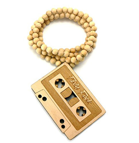 Party Rock Engraved Cassette Tape Wood Pendant 36" Wooden Bead Chain Necklace - Natural WX28NL