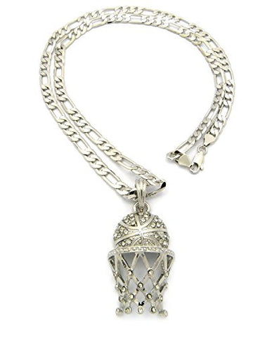 Iced Out Basketball Net Pendant with 24" Figaro Chain Necklace in Silver-Tone MSP230R