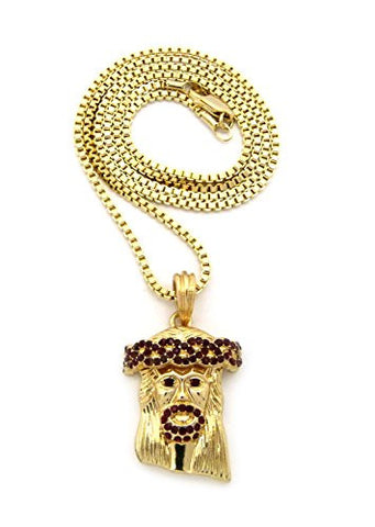 Dark Red Stone Stud Jesus Face Pendant 2mm 24" Box Chain Necklace in Gold-Tone