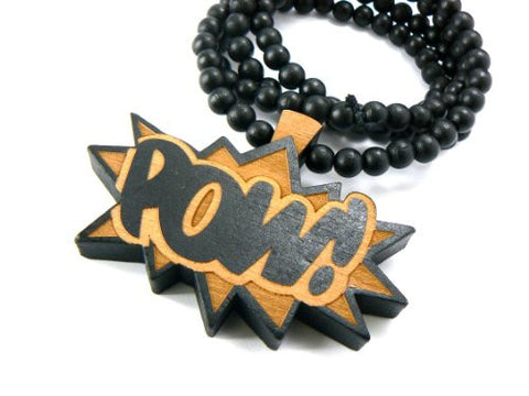 POW! Bomb Wood Pendant 36" Wooden Bead Chain Necklace in Two Tone Black WX34